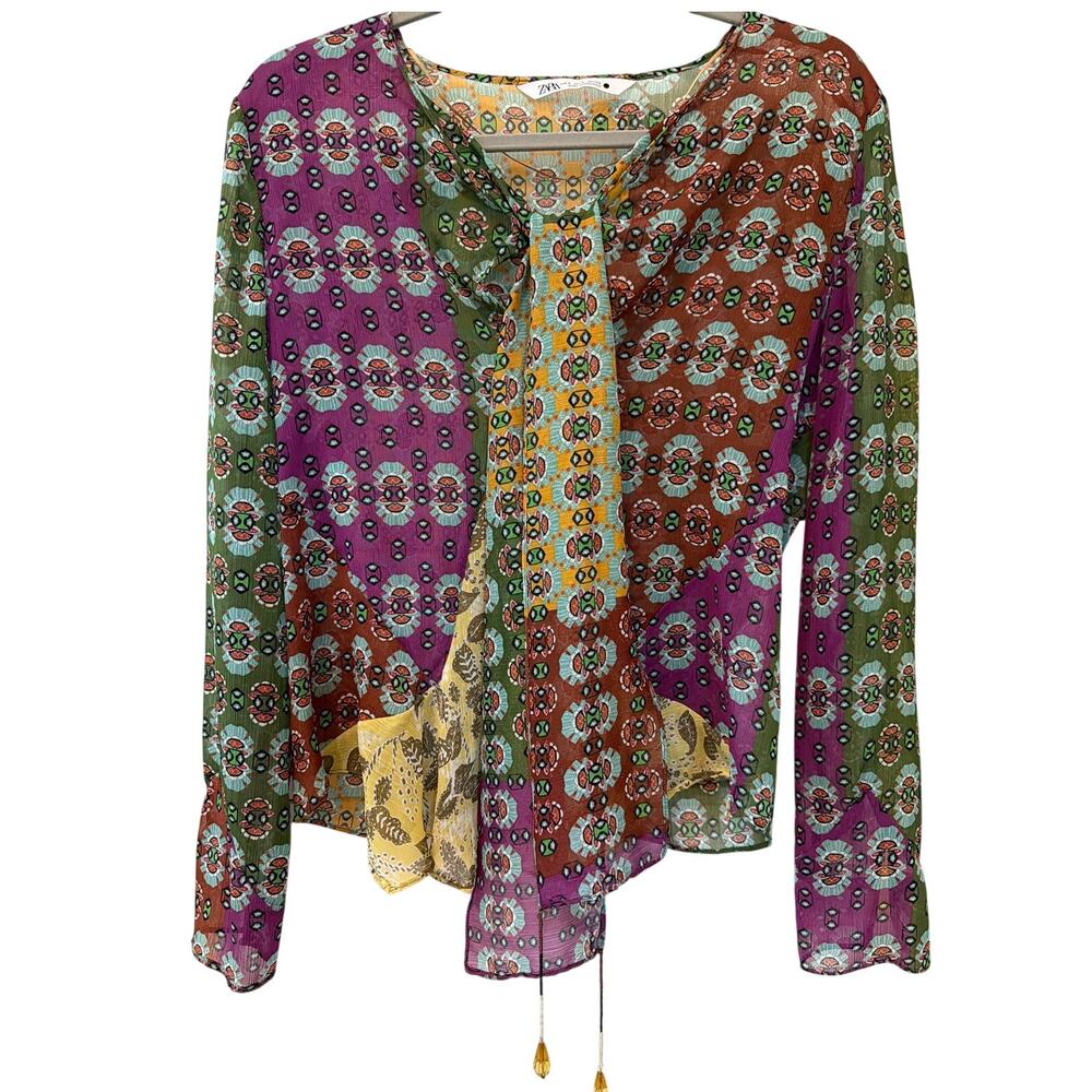 Zara Zodiac Multi-Color Patchwork Chiffon Top Womens Size Small Indie Boho Artsy